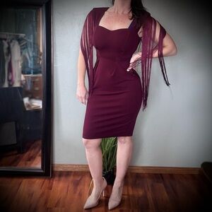 Symphony Burgundy Pencil Dress with Long Shoulder Fringe